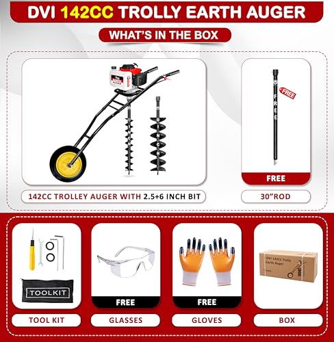 Image of DVI 142CC Trolley Earth Auger Machine, 4-Stroke Petrol Engine - with 2.5 Inch + 6 Inch Double Spiral Planter Bits & Free Extension Rod | for Plantation, Fencing & Post Hole Digging in All Soil Types.