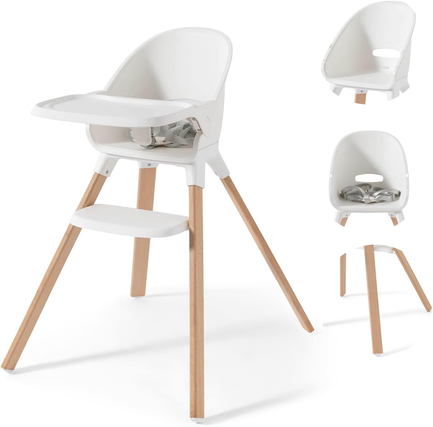 Twistshake Baby High Chair - White | Made of Beech Wood | Removable Tray - 5-Point Harness - Lightweight | Children's Stool with Footrest | Ideal for 6-36 Months or up to 15 kg