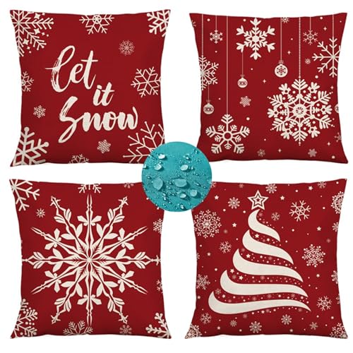 4er Set Wasserdichter Kissenbezug 45x45 cm Wasserdichter Leinen Outdoor Kissen Rot Weihnachten Dekokissen Sofakissen Kissenbezüge Herbst Kissen Perfekte für Outdoor Garten Auto Zuhause Dekoration
