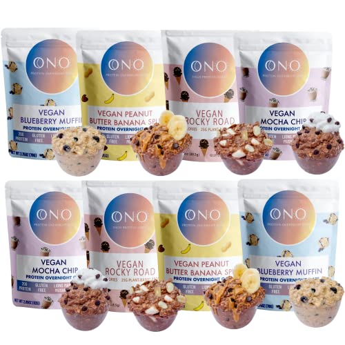 ONO Protein Overnight Oats - Vegan Variety Bundle (8 Pack) - High Protein, Pre-made, High Fiber, Dairy Free, and Low Sugar Oatmeal - Organic Gluten-Free Oats, 20g of Plant- Based Protein, Organic Chia Seeds & Flaxseeds, Lion's Mane Mushroom