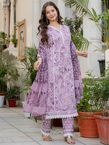 Image of Amayra Women's Pure Cotton Straight Kurta Set with Palazzo Pants & Dupatta|Ethnic wear|Kurta Set for Women