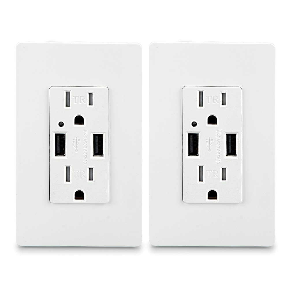 USB Wall Outlet with 4 Wall Plates-LEOD 4.2A 5V Dual USB Ports Smart High Speed USB Charger Socket, Wall Charger USB Receptacle, 15A Tamper-Resistant Recepatcle, White, UL Listed (2 Pack)