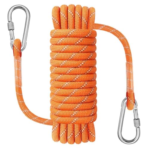NorthPada 10 mm x 10 Meter Statisches Outdoor-Kletterseil, Nylon-Hochleistungsseil, Baumpfleger-Baumarbeitsseil, Marine-Anker-Boot-Seil, Abseil-Notfallseil, Schaukelseil Orange mit Haken