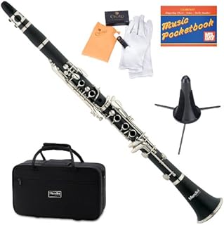 Mendini by Cecillio Bb Clarinet - Woodwind Band & Orchestra Musical Instruments for Beginners - Includes Case, Stand, Pocketbook, Mouthpiece, 10 Reeds