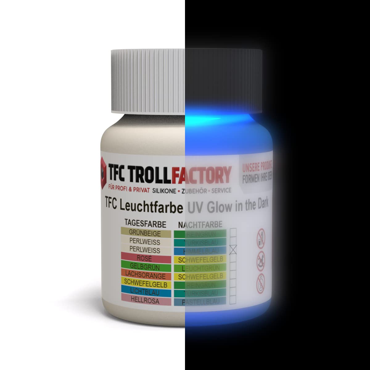 TFC farba świetlna UV Glow In The Dark kolor dzienny: RAL1013 perłowy biały – kolor nocny: RAL5015 błękitny 100 g