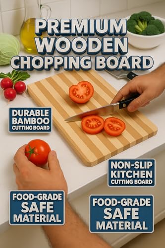 Image of Wooden Chopping Board for Kitchen | Bamboo Cutting Board for Vegetables & Fruits | Food Grade, Eco Friendly, Heavy Duty Kitchen Board with Hanging Loop