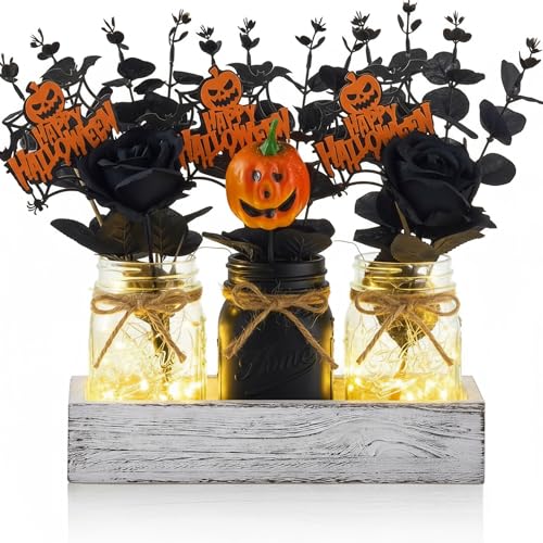 KIVIVO Halloween Table Decor, Centerpieces for Tables with Mason Jars, Fake Flowers, Black Roses, Pumpkin, Farmhouse Wood Tray, Halloween Table Centerpiece Decorations, Tabletop Decor for Home