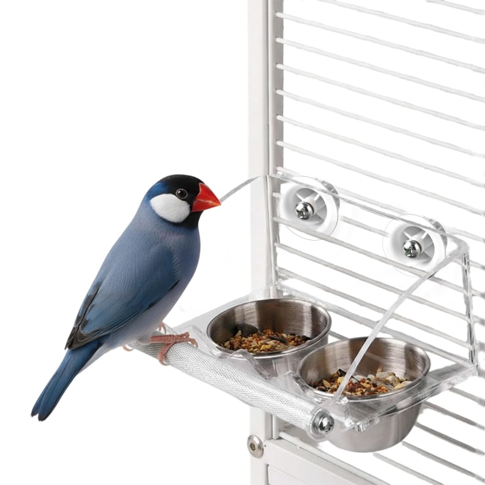 Bird Cage Feeder, Acrylic Hanging Bird Food Water Dispenser with Anti-Slip Perch for Parakeets Parrots Lovebirds Cockatiels Cockatoos