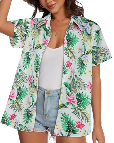 Image of Women Hawaiian Shirt Button Down Summer Tops Beach Short Sleeve Blouse