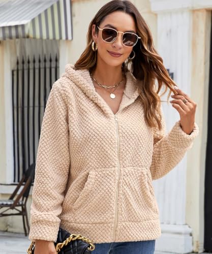 Damen Winterjacke Hoodie Fleecejacke Warm Wintermantel Stilvoller Pullover Strickjacke Reißverschluss Plüschjacke Herbst Kurz Mantel Winter Jacke Oberteile Mode Kapuzenjacke Mit Taschen (Aprikose, XL)