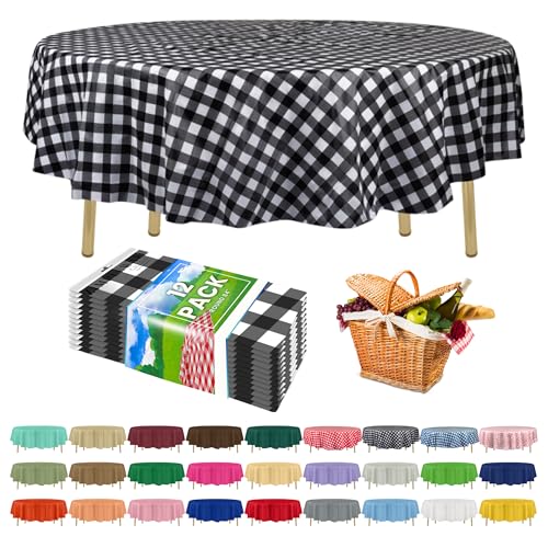 Zimpleware Mantel de plástico desechable redondo (213,4 cm), perfecto mantel redondo para cualquier mesa de hasta 1,8 m, cuadros negros, paquete de 12