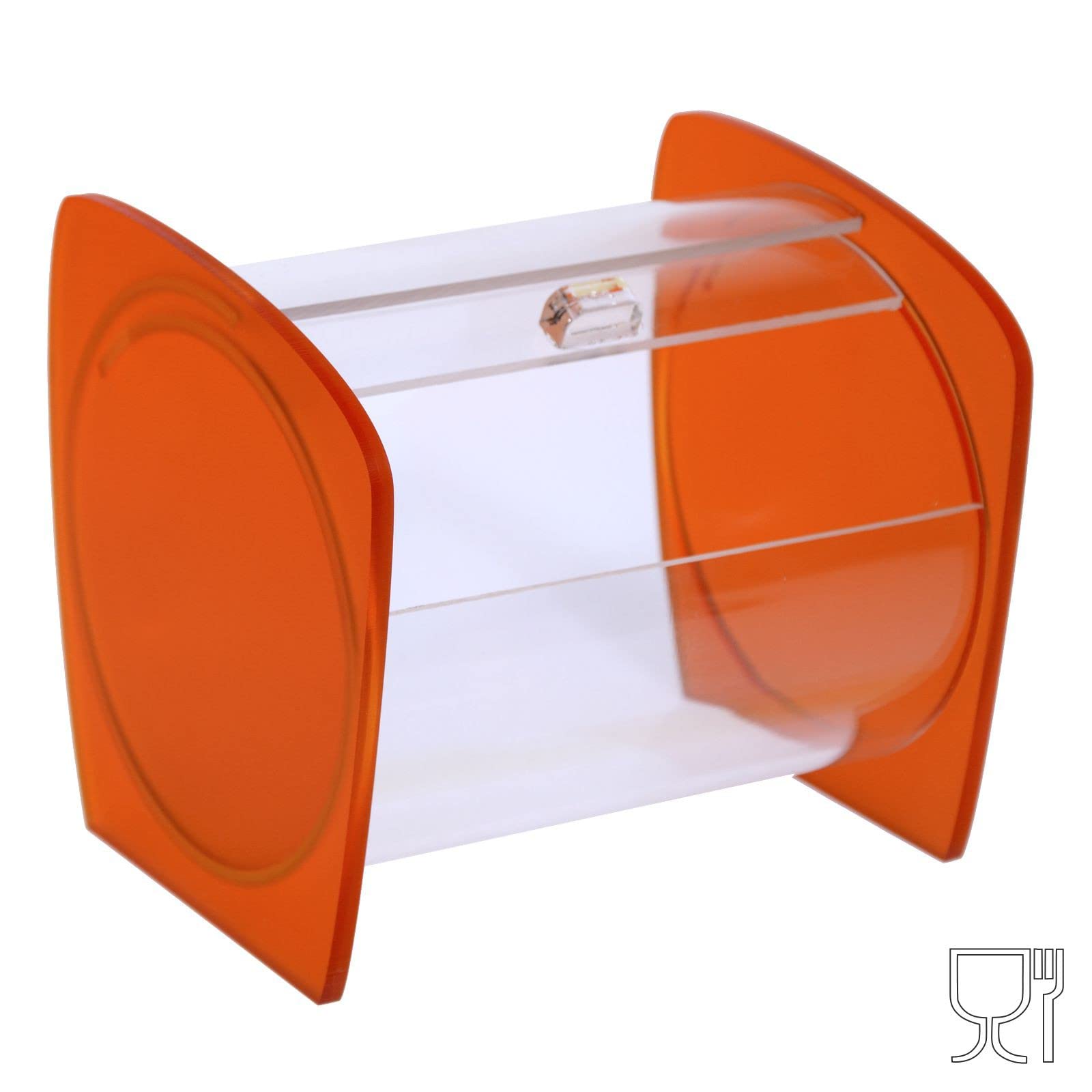 Portacaramelle confezionate sezione circolare in plexiglass trasparente e con pannelli laterali in plexiglass satinato Arancione - Misure totali: L 15 x P 14 x H 14 cm