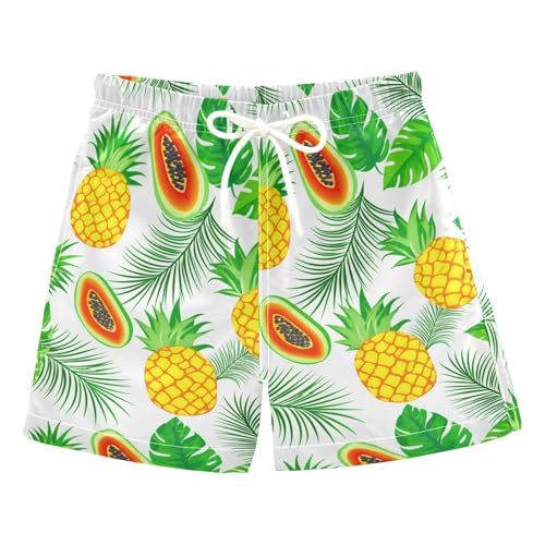 DOMIKING Papaya Fronds Pineapple White Toddler Boys' Swim Trunks Mesh Lining Swim Shorts for Boys Kids Adjustable Waist