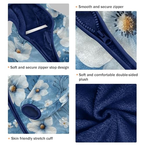 Blue Floral Pattern Print Toddler Fleece Jacket Girl Boys Hooded Fleece Jacket Coat Warm Outwear Zip-up 3-10T3