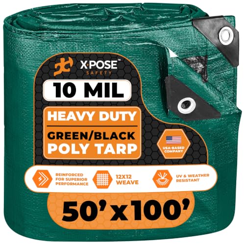 Image of Heavy Duty Poly Tarp 50 Feet x 100 Feet 10 Mil Thick Waterproof, UV Blocking Protective Cover - Reversible Green and Black - Laminated Coating - Grommets - by Xpose Safety