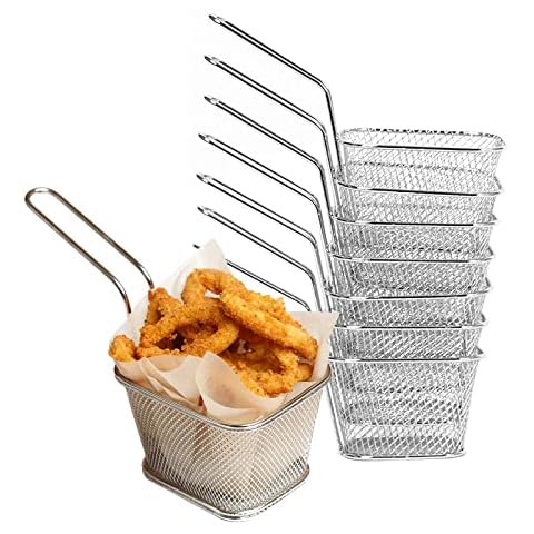 8 Pack Mini Chip Serving Frying Baskets with Handle, Stainless Steel French Fry Chef Chrome Fryer Basket Set for Cooking Gadgets, Chips, Onion Rings, Chicken Wings Cover