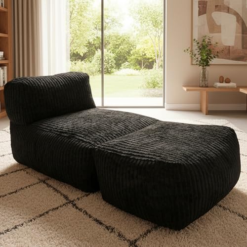 Large Memory Foam Bean Bag Chair for Adults – Big Lounger Sofa Seat for Living Room, Bedroom, or Balcony (Black)