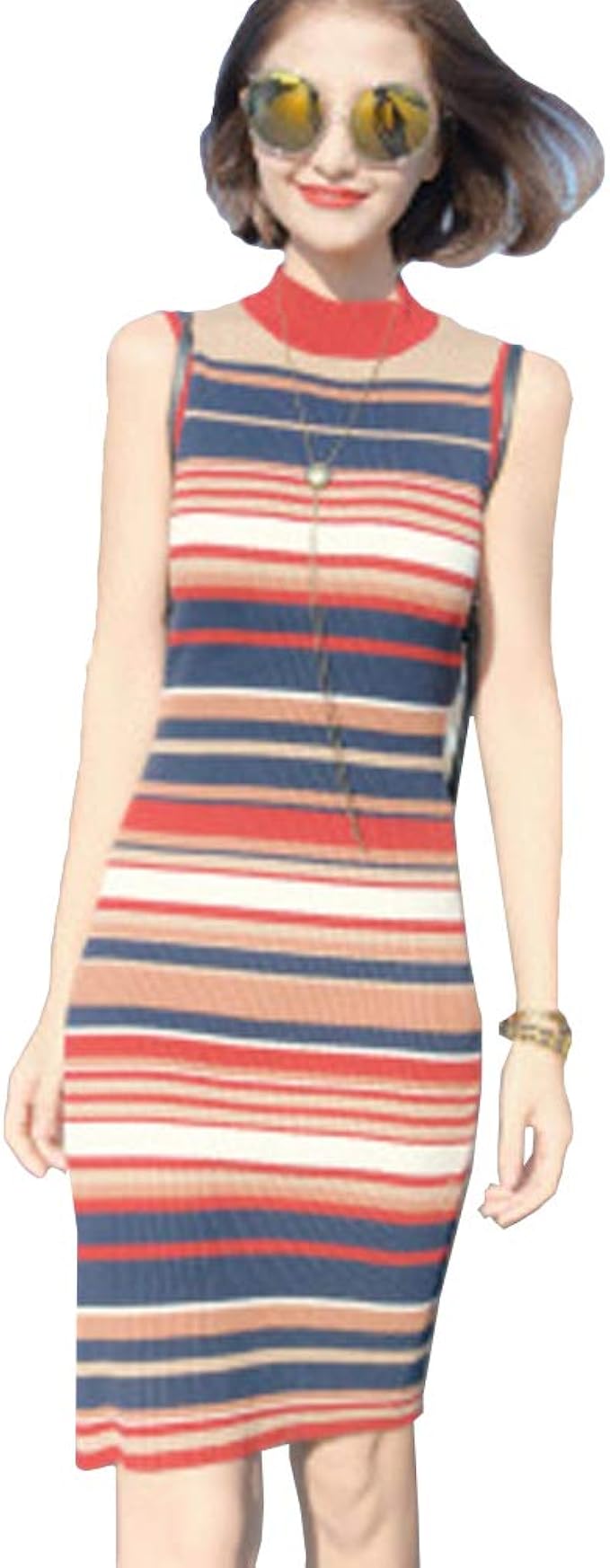 Amazon Co Jp Zuomaレトロワンピース レディース リブニット ニットドレス タイト 春 夏 秋 初冬 ペンシルスカート ロングドレス ノースリーブ ボーダー柄 スタンドカラー おしゃれ パーティー 普段着 オフィス 写真色 F 服 ファッション小物