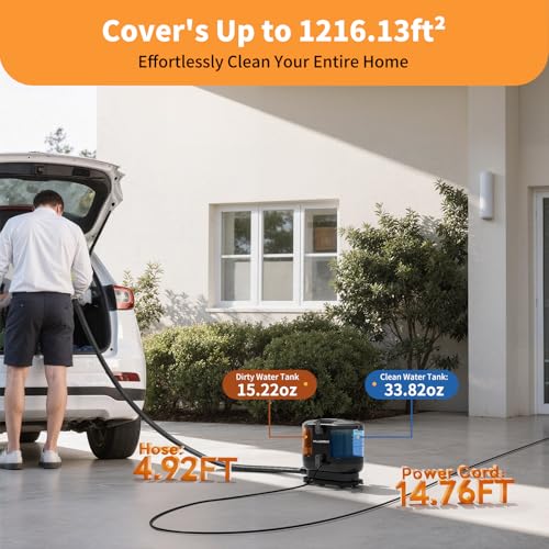 Image of Upholstery Carpet Cleaner Machine, MUJERBAY 11Kpa Portable Spot and Stain Cleaner, Easy Move with Universal Wheels & Handle, 1.18-inch Deep Cleaning Machine for Couch, Stairs, Car and Pet Messes.