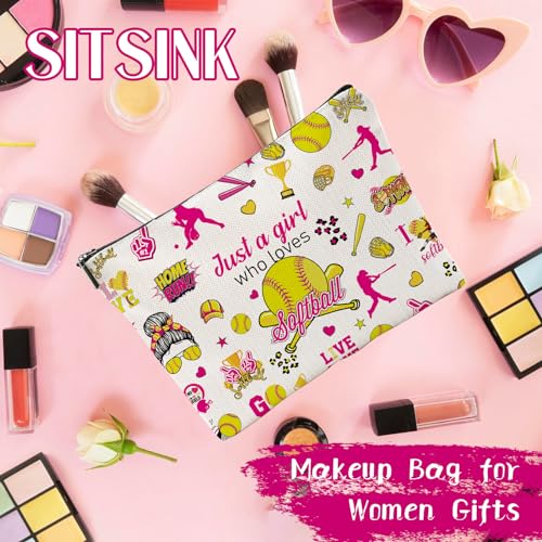 Sitsink Softball Lover Gifts - Just a Girl Who Loves Softball Makeup Bag, Sports Fan Gift Ideas Zipper Pouch