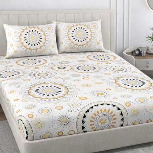Image of 350 TC Premium Heavy Cotton Feel Elastic Fitted Bedsheet Queen Size with 2 Pillow Covers || Double Bed with All Around Elastic (Gray & Black, Fitted - Double72x72)