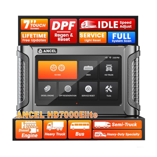 ANCEL HD7000 Elite 7 Heavy Duty Truck Scanner with DPF Regen Speed/Idle Adjustment Service Reset Diagnostic Tool for Cummins Detroit CAT Volvo Paccar Mack International Lifetime Free Updates