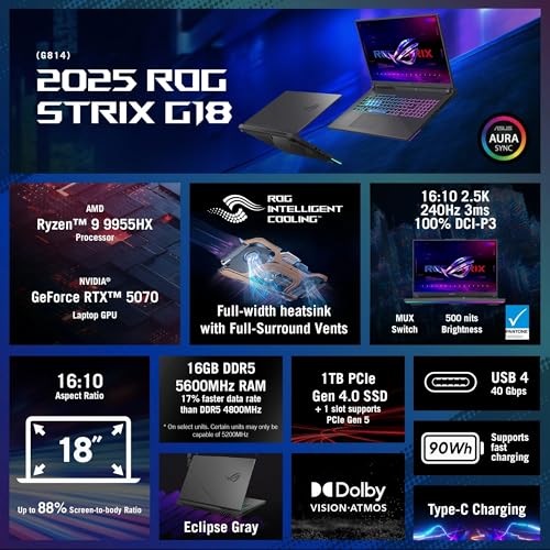 Image of ASUS ROG Strix G18 Gaming Laptop, 18 inch WQXDA (2560x1600) 2.5K IPS 240Hz Display, AMD Ryzen 9 9955HX, RTX 5070, 32GB DDR5 RAM 1TB SSD, Wi-Fi 6E, Backlit KB, Win11, Eclipse Gray, w /USB 3.0 Hub, W /GaLiMu