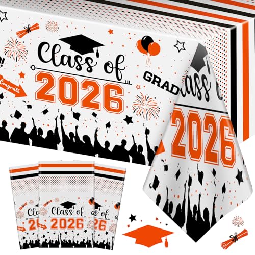 Image of Graduation Decorations Class of 2026 Tablecloth - 3 Pcs Plastic Congrats Grad Table Cloth, Graduation Table Cover for Graduations Party Decorations 2026 and Party Supplies, 54 inchx108 inch (Orange and Black)