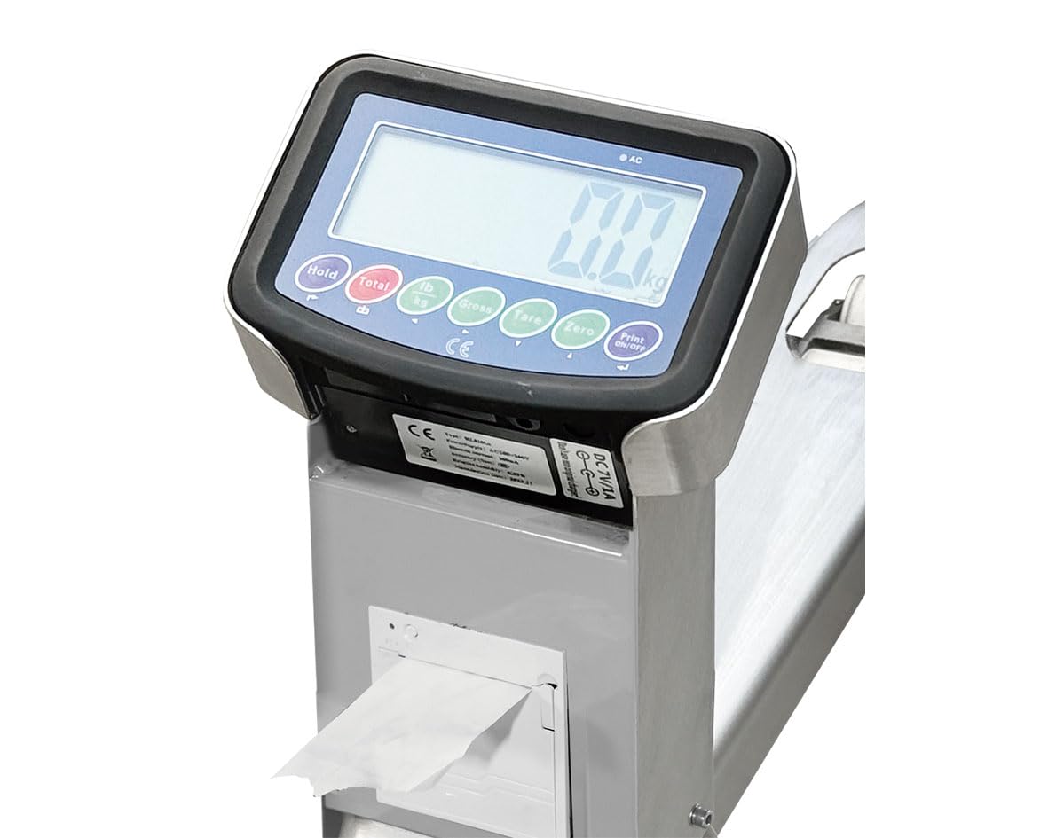 Transpaleta Inoxidable con Impresora 2500 kg Acero INOX 304 Precisión ±0,5 kg Ruedas PU CE GS TÜV