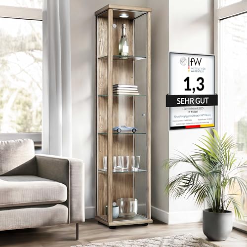 K-Möbel Glasvitrine Stehend (176x37x33cm) - Made in Germany - Vitrinenschrank Sonoma Eiche mit 4...