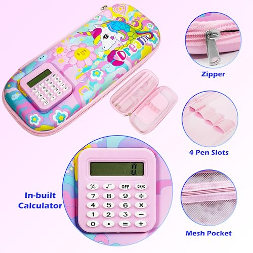 Image of VGRASSP Stationery Pencil Pouch for Kids with Mini Calculator - Unicorn Theme Zipper Case with Multi Storage Compartments - School Supplies Organizer - Multicolor