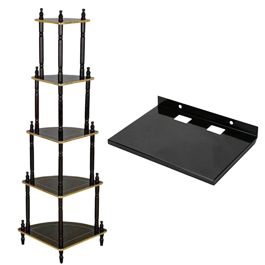 Bromine Wall-Mount Utility Shelf with Remote Holder + 5-Shelf Wooden Corner Table Rack | Multi-Purpose Home Storage & Display Organizer (Design 3)-picture-12