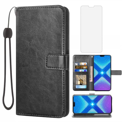 Asuwish Cover per Huawei Honor 8X/View 10 Lite con Pellicola Vetro Temperato Vetrino Portafoglio Libro Pelle Porta Carte Supporto Protettiva Protezione TPU Hawaii Honor8X 5G JSN-L21 Custodia Case Nero
