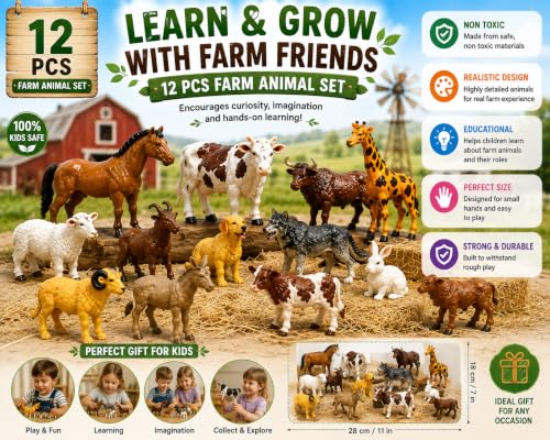 Image of Brand Conquer Farm Animal Toys for Kids, 12 Pcs Realistic Farm Animal Figures Set, Non-Toxic Plastic Learning Toys for Boys & Girls, Educational Montessori Animal Playset, Birthday Gift for 3+ Years