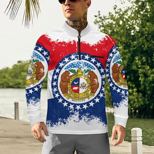 Missouri Grunge Style State Flag Men's Rash Guard Long Sleeves Quick Dry Fishing Workout Shirts with Zipper2
