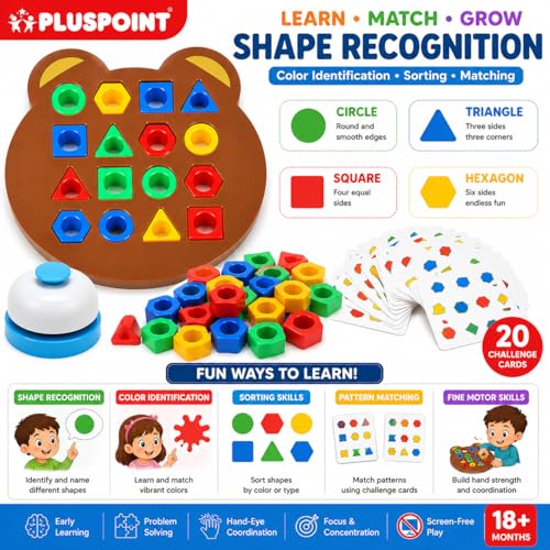 Image of PLUSPOINT Shape Matching Puzzle Game for Kids | 30 Question Cards,32 Colorful Shapes,2 Bear Boards & Bell | Educational STEM Toy for 3+ Years |Montessori Learning Toy for Shape & Color Recognition