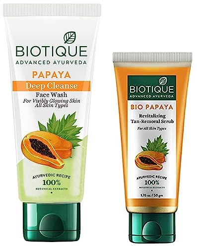 Image of Biotique Bio Papaya Visibly Flawless Skin Face Wash For All Skin Types, 150ml & Biotique Bio Papaya Revitalizing Tan Removal Scrub, 50g