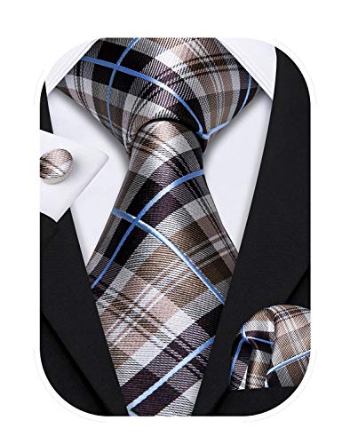 Image of Barry.Wang Plaid Ties for Men Silk Necktie Handkerchief Cuff Links Set