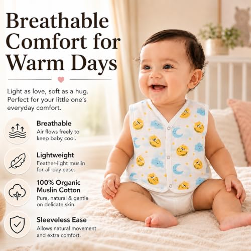 Image of StarAndDaisy Baby Sleeveless Muslin Jabla Vest Pack of 2 | Cotton Muslin Front Open Snap Button Baby Vest | Lightweight Breathable Clothing for Newborn Baby Boys & Girls