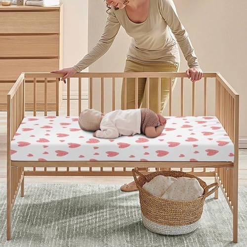 Image of Hearts Baby Crib Sheets for Boys Girls Pink Fitted Crib Sheet for Standard Crib and Toddler Mattress Cute Heart Baby Mattress Sheets Toddler Bed Sheet 52x28x8 in