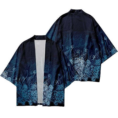 Image of DOSLAVIDA Men's Japanese Kimono Cardigan Suit Chinese Style Printed Jacket Pants Set Open Front Seven Sleeve Top & Shorts