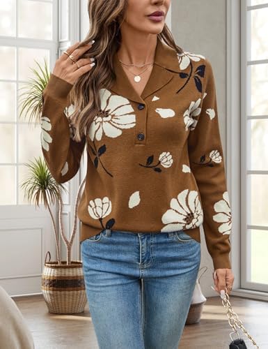 Image of LOMON Sweaters for Women 2025 Fall Knitted V-Neck Collared Button Pullover Dressy Casual Long Sleeve Polo Shirts Business