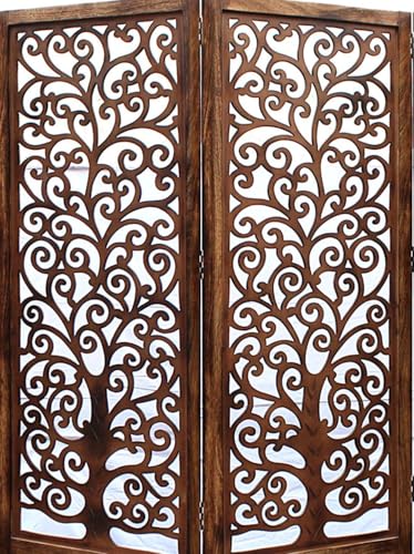 Image of Artesia Wooden Handcrafted 5 Panel Room Divider Without Stand Partition for Living Room | Foldable Privacy Screen with Tree of Life Carved Design | Decorative Partition Wall Panel for Home, Bedroom