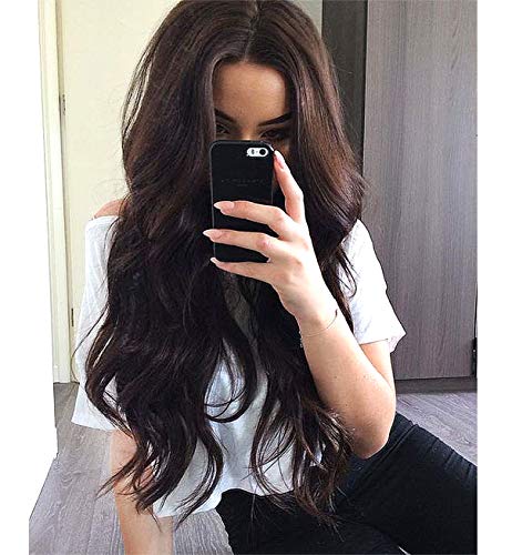 VEBONNY Bruin Pruiken voor Vrouwen Lange Haar Synthetisch Haar Krullend Pruiken Bruin Kant Voor Pruik uk Midden Deel Natuurlijke Kijken Haar Pruik Brunette Pruik VEBONNY-029