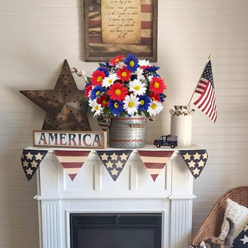 Image of 4 Bunches Memorial Day Flowers for Cemetery 15 inch Red White and Blue Artificial Flowers Faux Daisies Silk Flowers for 4th of July Table Decorations Indoor Outdoor