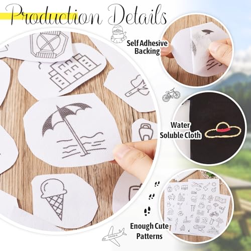 Image of Magibeads 60 Patterns Travel Theme Water Soluble Embroidery Patterns Airplane Landscaping Suitcase Stick and Stitch Transfer Embroidery Paper for Adult Beginners Hand Sewing Starter Kit