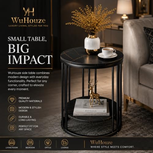 Image of Modern Double-Top Coffee Table with Rustic Farmhouse Accent, Multipurpose Living Room Bedroom, Two-Tier Small Sofa Side Bedside Table with Metal Frame Nightstand (Full Black)