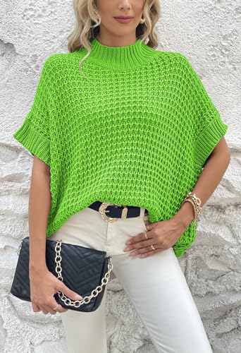 Image of Viottiset Womens Oversized Short Batwing Sleeve Mock Neck Sweater Vest Fall Sleeveless Pullover Knit Sweaters