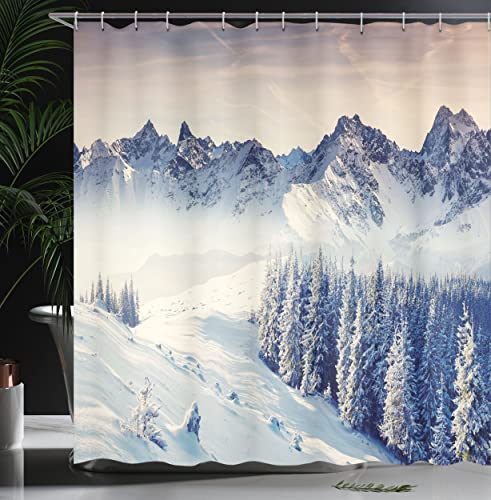 ABAKUHAUS Nature Shower Curtain, Snowy Winter Dramatic Overcast Sky Wonderland Snowfall Seasonal Panorama Print, Cloth Fabric Bathroom Decor Set with Hooks, 86 Inches Extra Long, Blue Grey White - Image 3