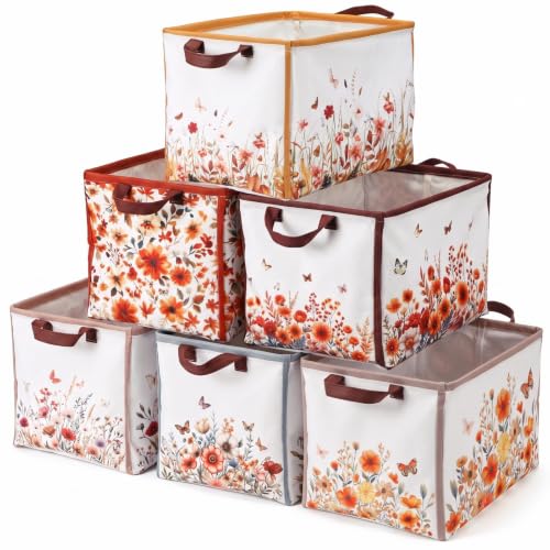 Image of Fourluoo 6 Pack Floral Storage Basket with Handles Clothes Storage Basket Bin Foldable Box Bins Organizer for Closet Shelf Nursery Kid Room Book Toy Chest(6, Fall Flowers)